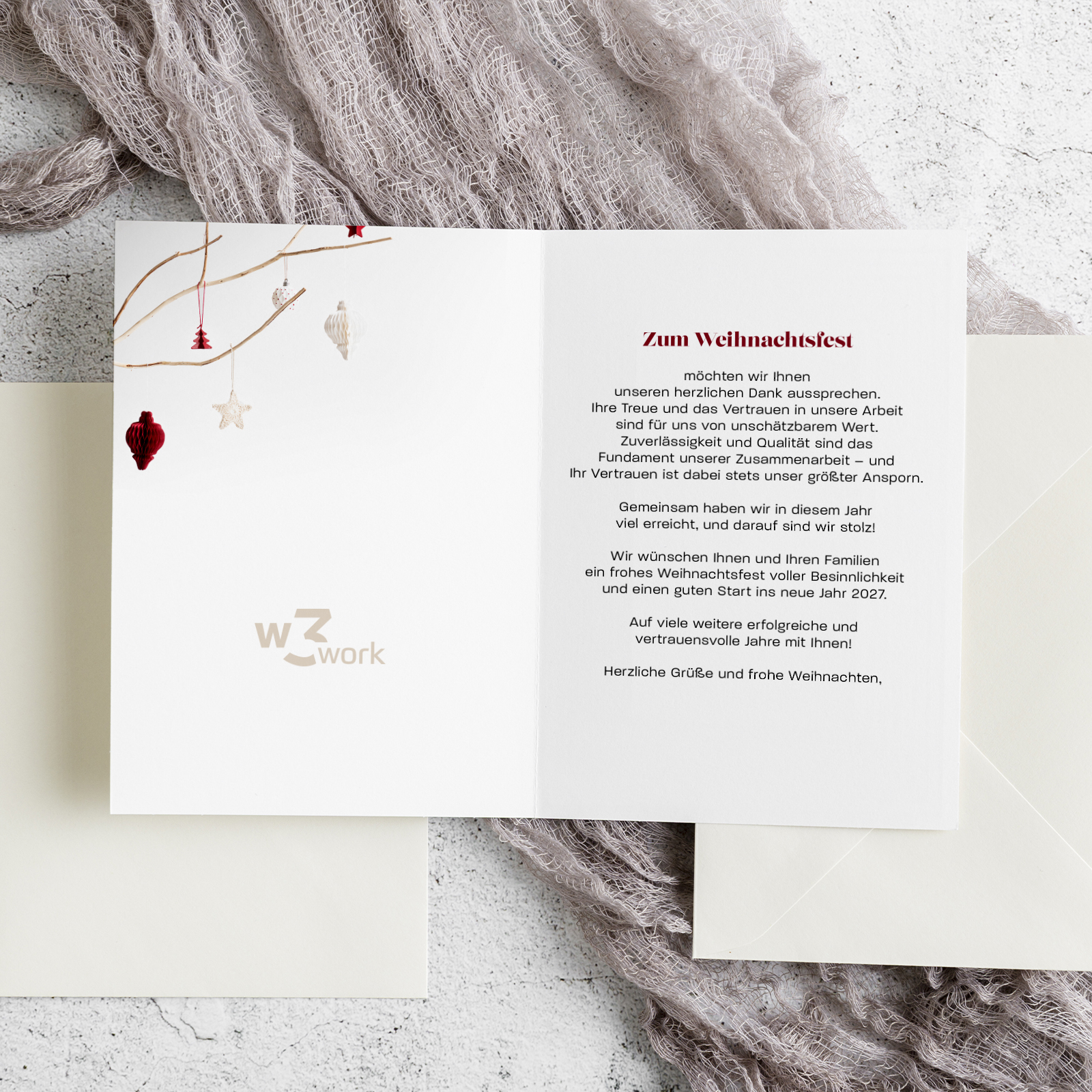 Firmen-Weihnachtskarte „Frohe Weihnachten“ mit winterlichem Zweig