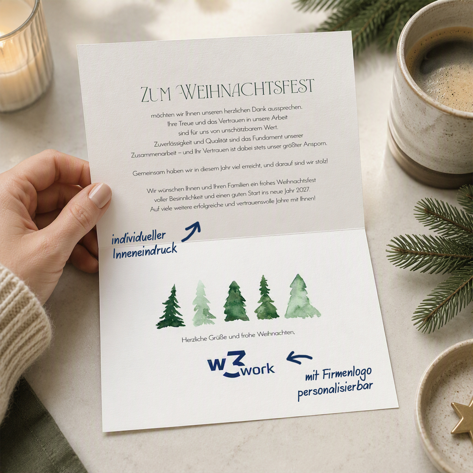Firmen-Weihnachtskarte „Segen zu Weihnachten“ | Tannen