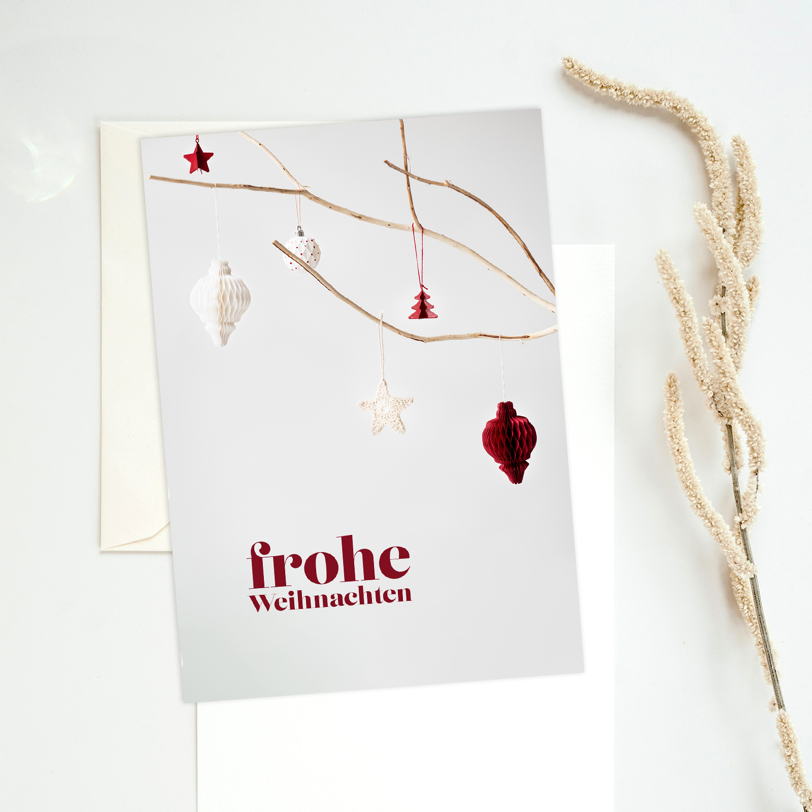 Firmen-Weihnachtskarte „Frohe Weihnachten“ mit winterlichem Zweig
