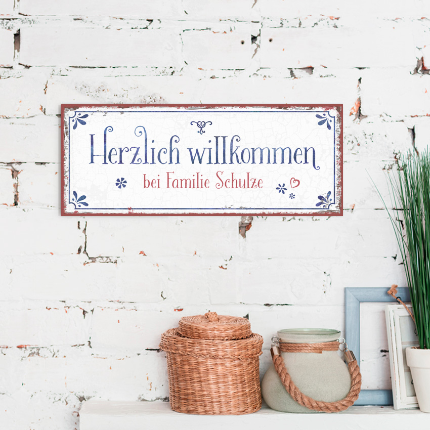 Persönliches Metallschild lang - Herzlich willkommen Persönliches Metallschild lang - Herzlich willkommen