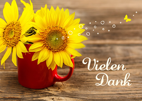 Postkarte Vielen Dank mit Sonnenblumen und Schmetterling Postkarte - Vielen Dank