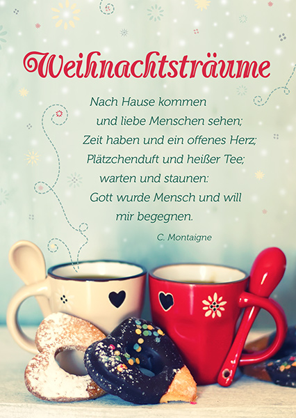 Christliche Postkarte Weihnachtsträumen mit Zitat von Montaigne,  Tassen und Herzen Postkarte - Weihnachtsträume