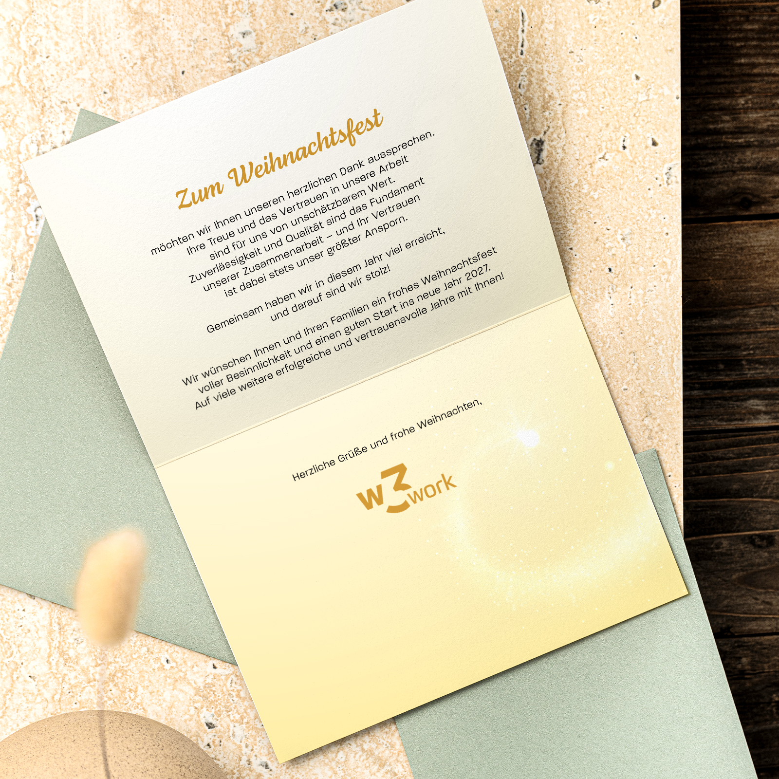 Edle Firmen-Weihnachtskarte mit goldenem Lichtmotiv