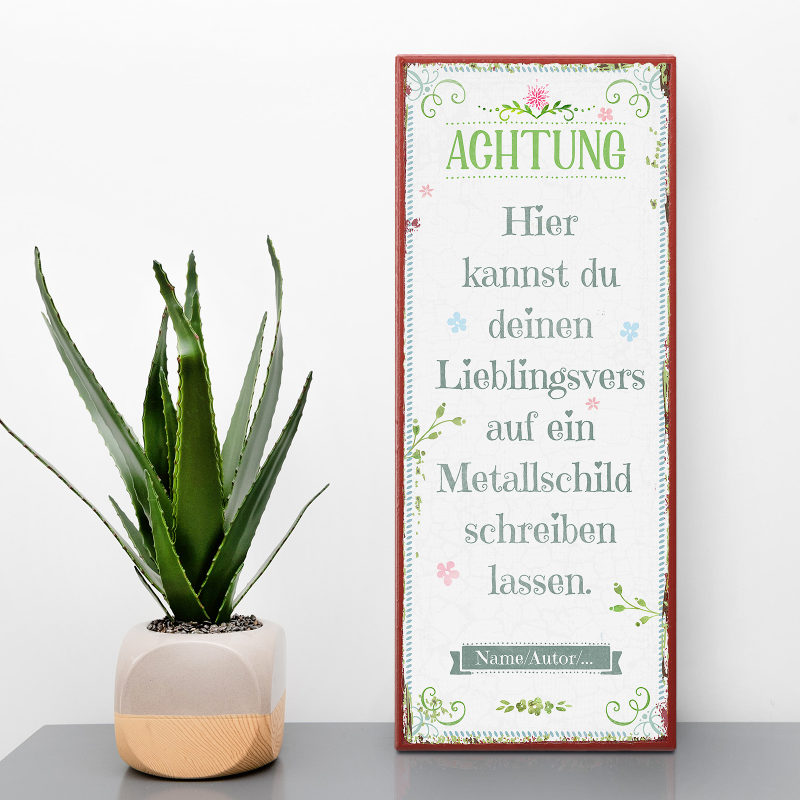 Individuelles Metallschild lang - Blumen, Aquarell, grün