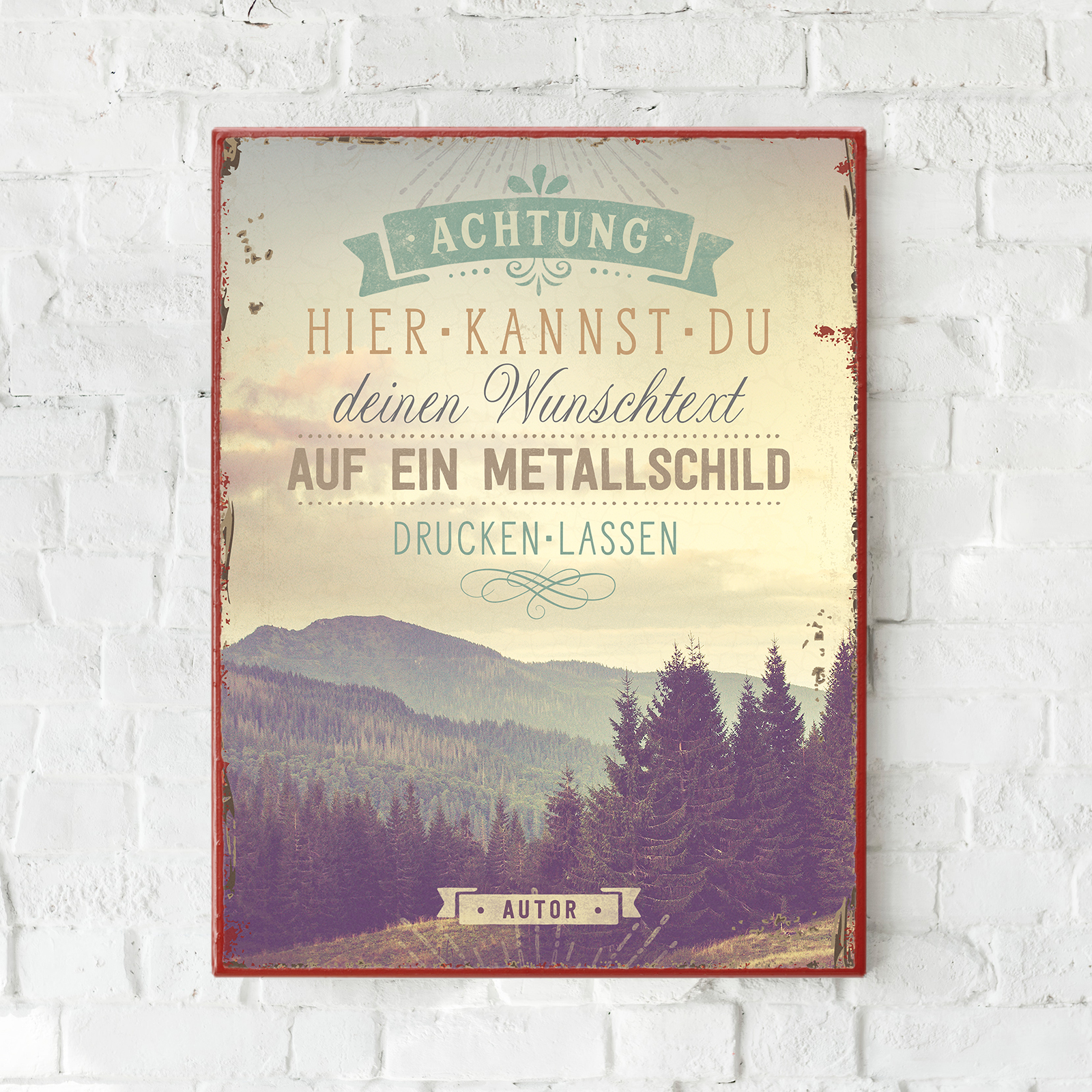 Individuelles Metallschild groß - Berge, Bäume, vintage