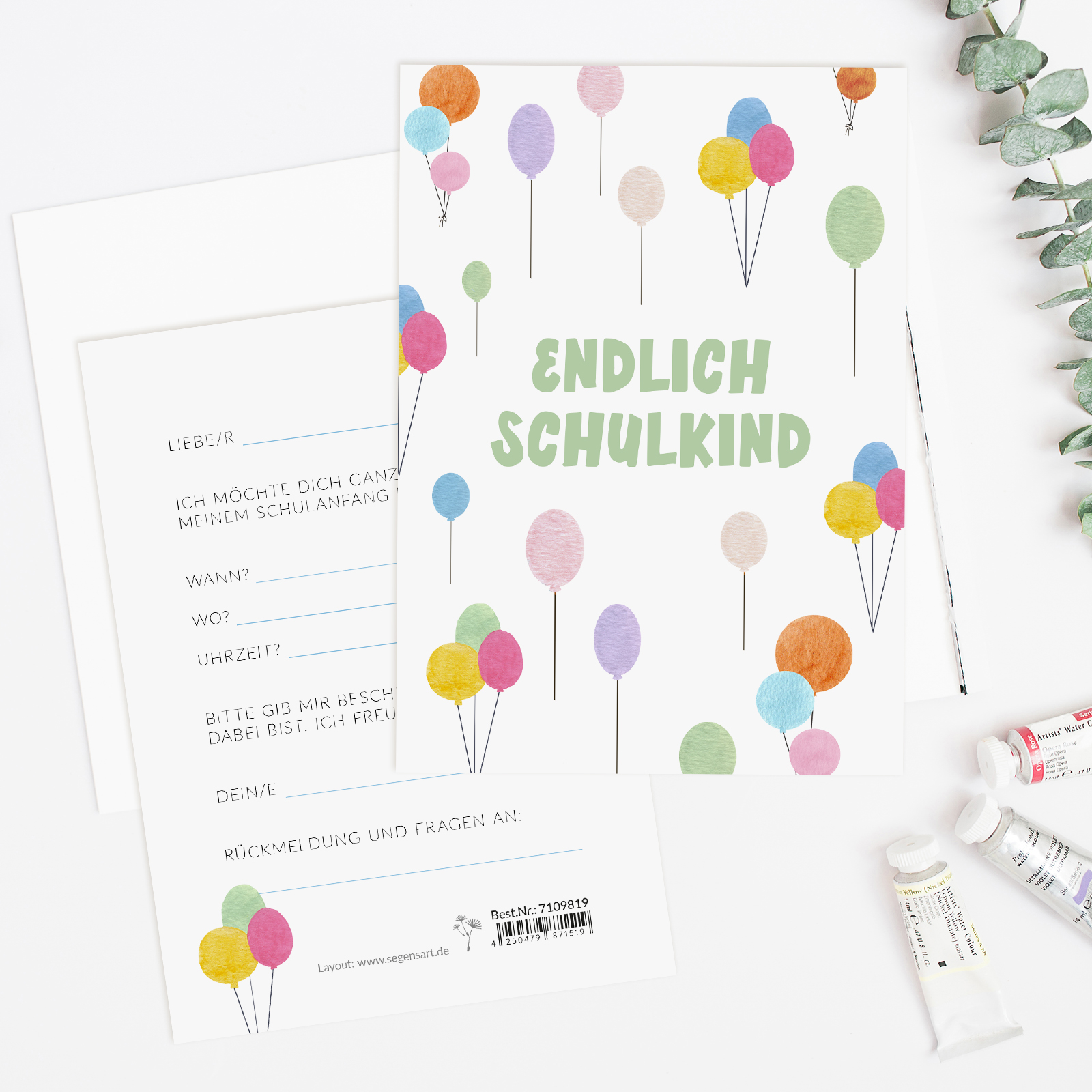 Einladung Postkarte Schulanfang – Luftballons